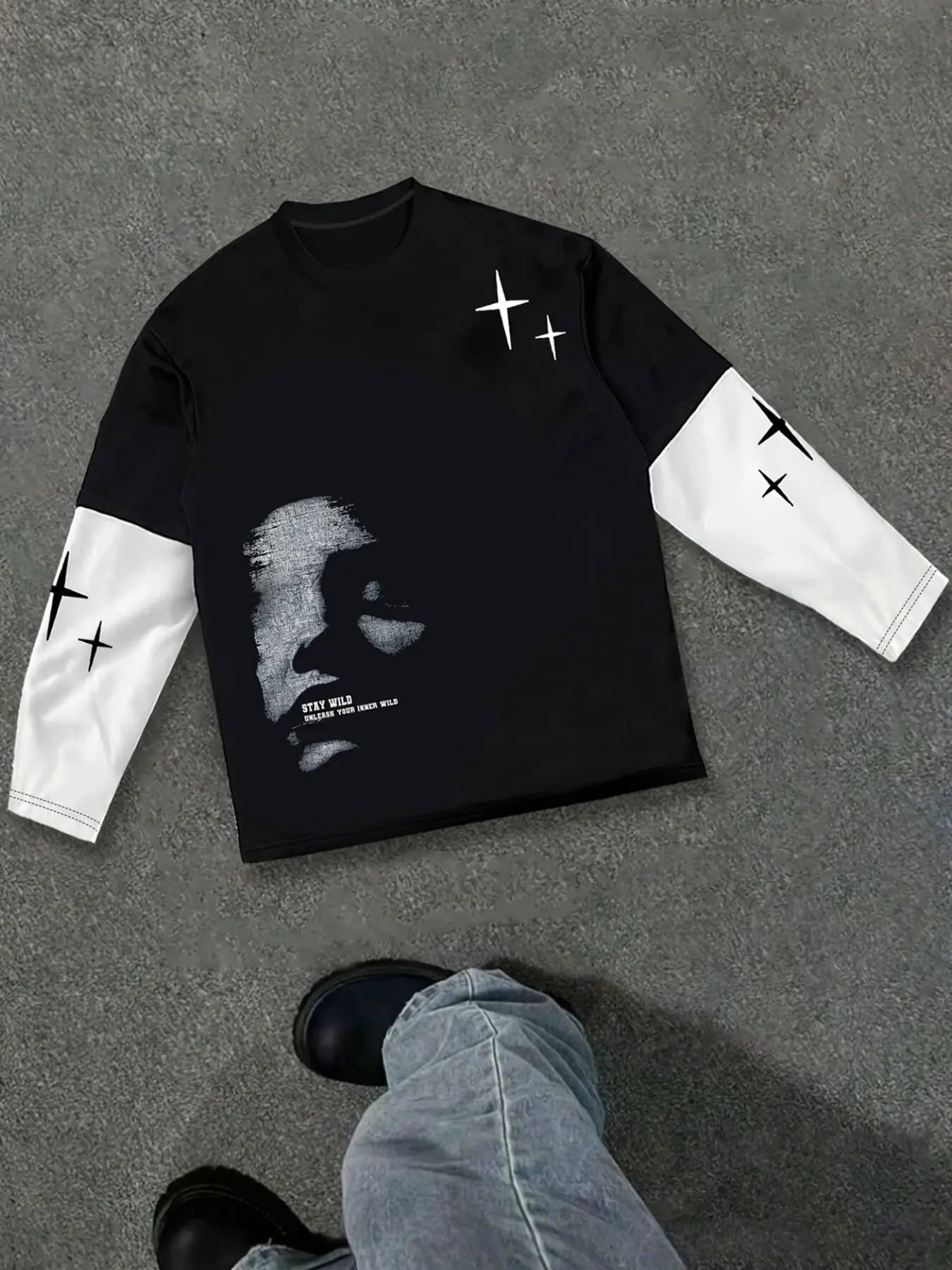 Men's Color Block Fake Two Piece Long Sleeve T-Shirt, Grayscale Face Cross Star Graphic Print, Loose Soft Tee For Street Hip Hop Daily Casual Wear