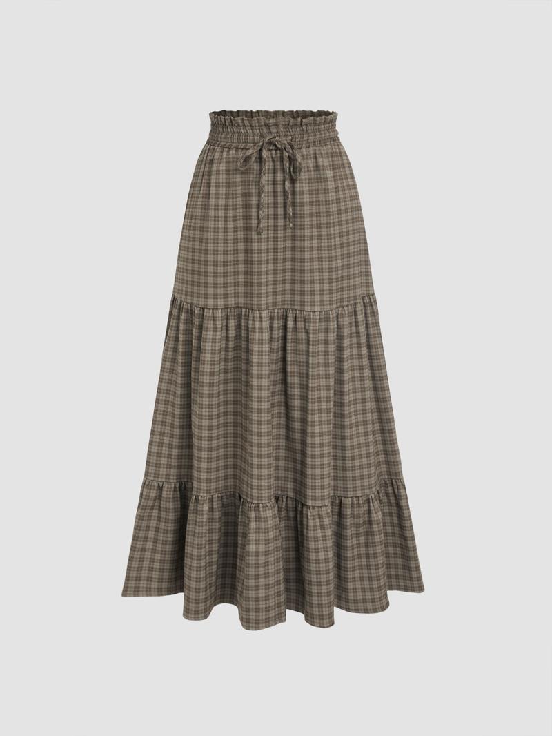 Cider [2 colors, size 2-26] Elastic Waist Check Knotted Tiered Maxi Skirt