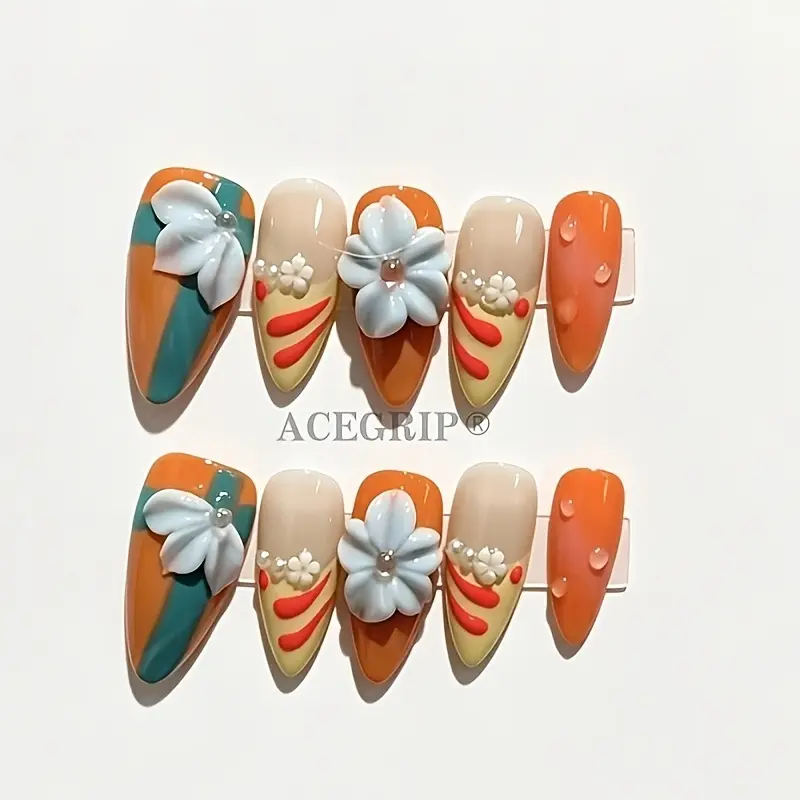 10 pieces of pure hand-pressed reusable false nails, with a water droplet shape and a long design, suitable for daily wear and suitable for display
