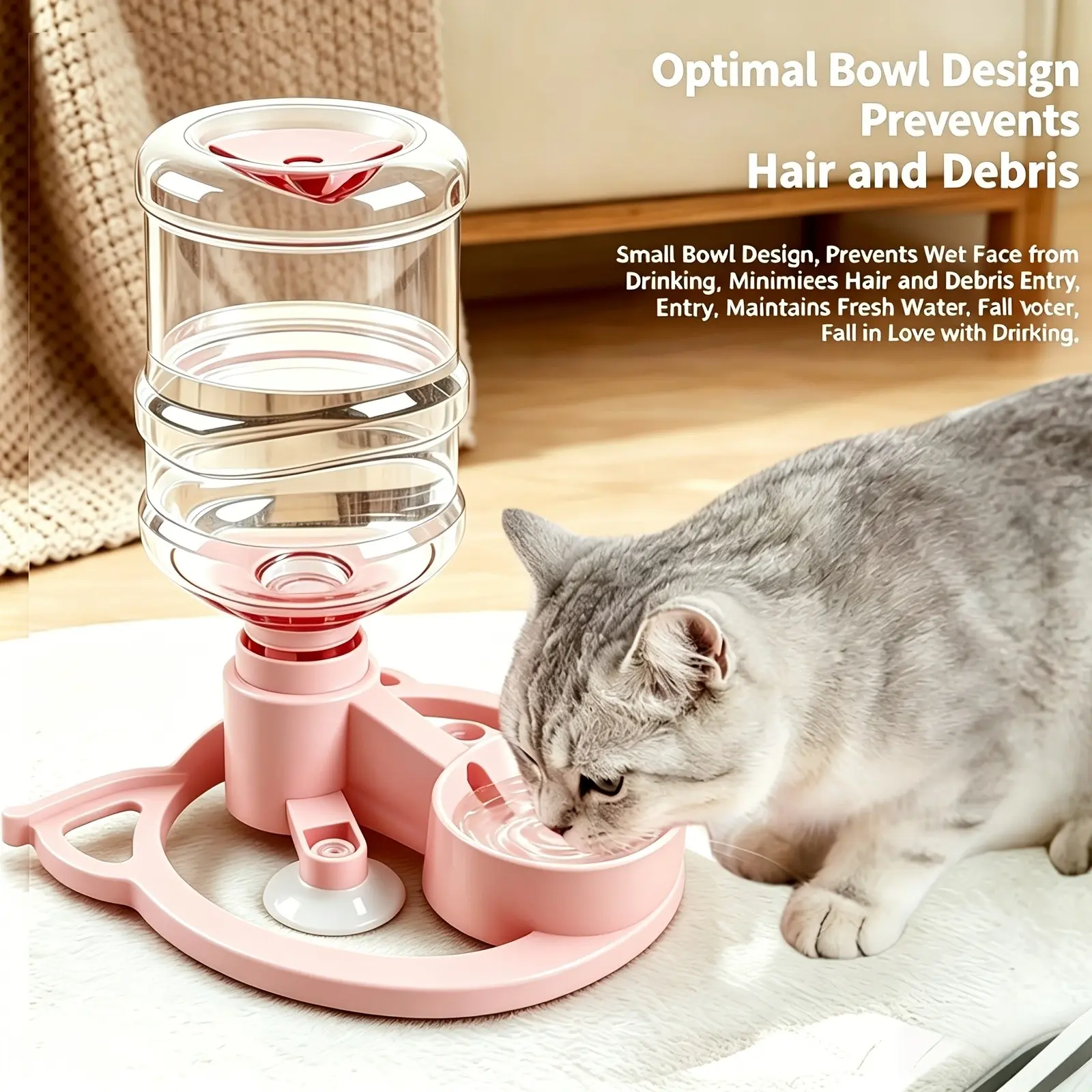 Gravity Pet Water Fountain, Hair and Debris Separator Bowl, Wireless Automatic Refill, Strong Suction Base, Ideal for Large Cats and Dogs