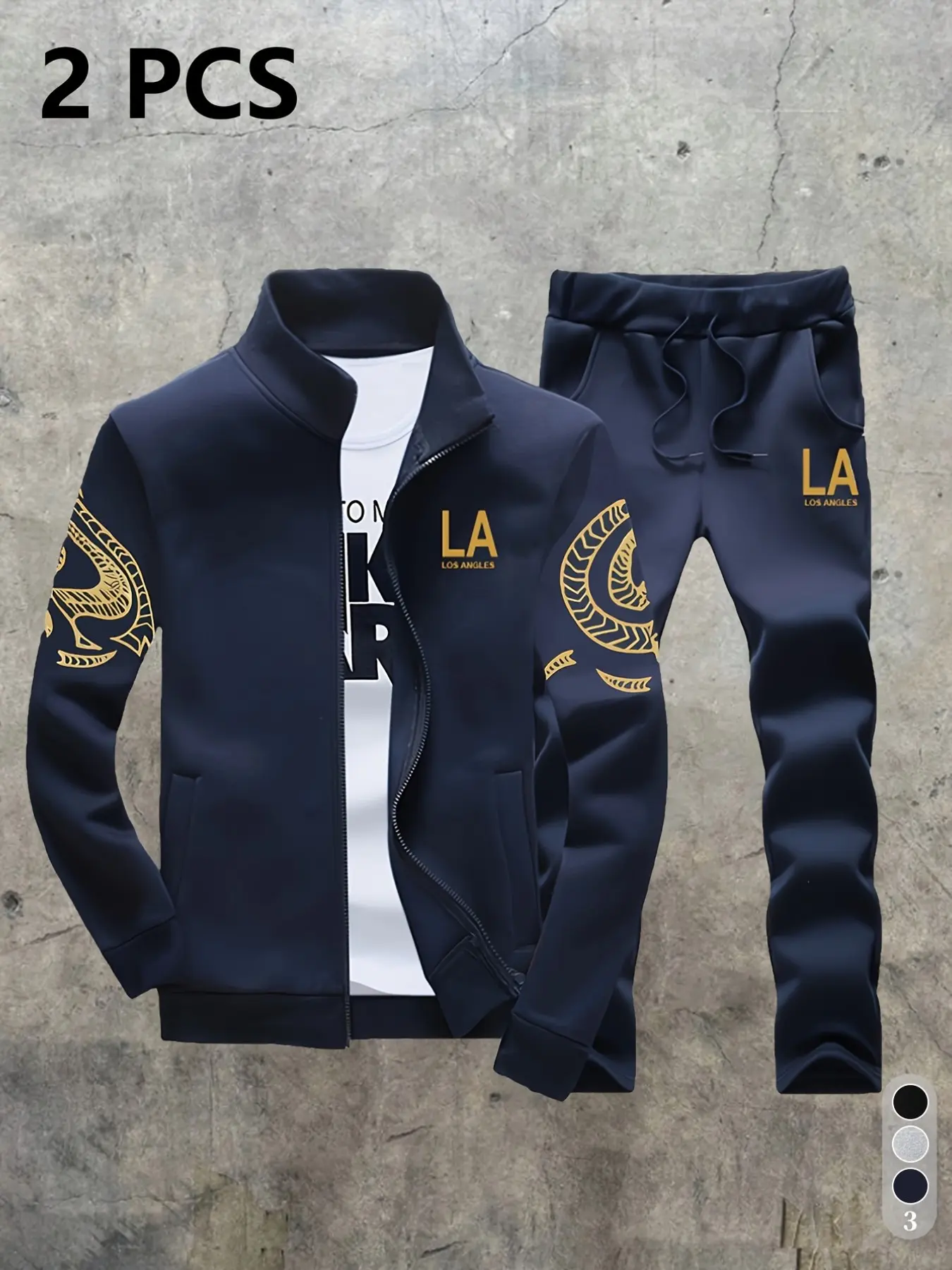 Los Angeles Gold Dragon Totem Sporty Casual Set, Traditional Dragon Print Long Sleeve Stand Collar Open Front Jacket, Two-Piece Sports