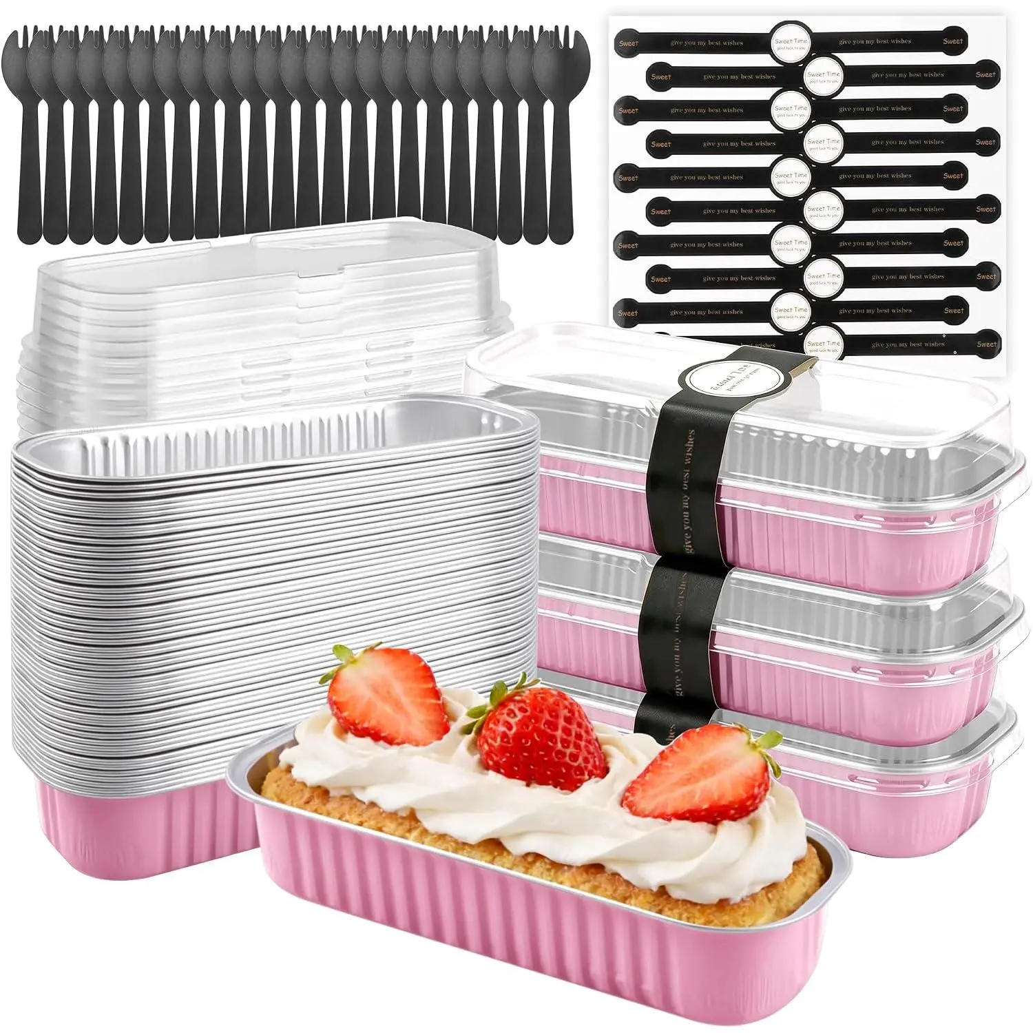 Mini Cake Pans with  & Spoons, 6.8oz 30 Pack  Mini Loaf Pans, Oven Safe Disposable Baking Tins for Brownie Cheesecake Lasagna,