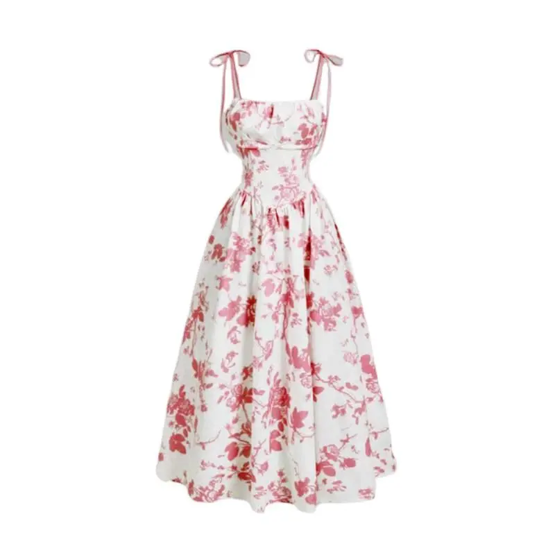2026 French retro floral print elegant and sophisticated waist-cinching strap dress women