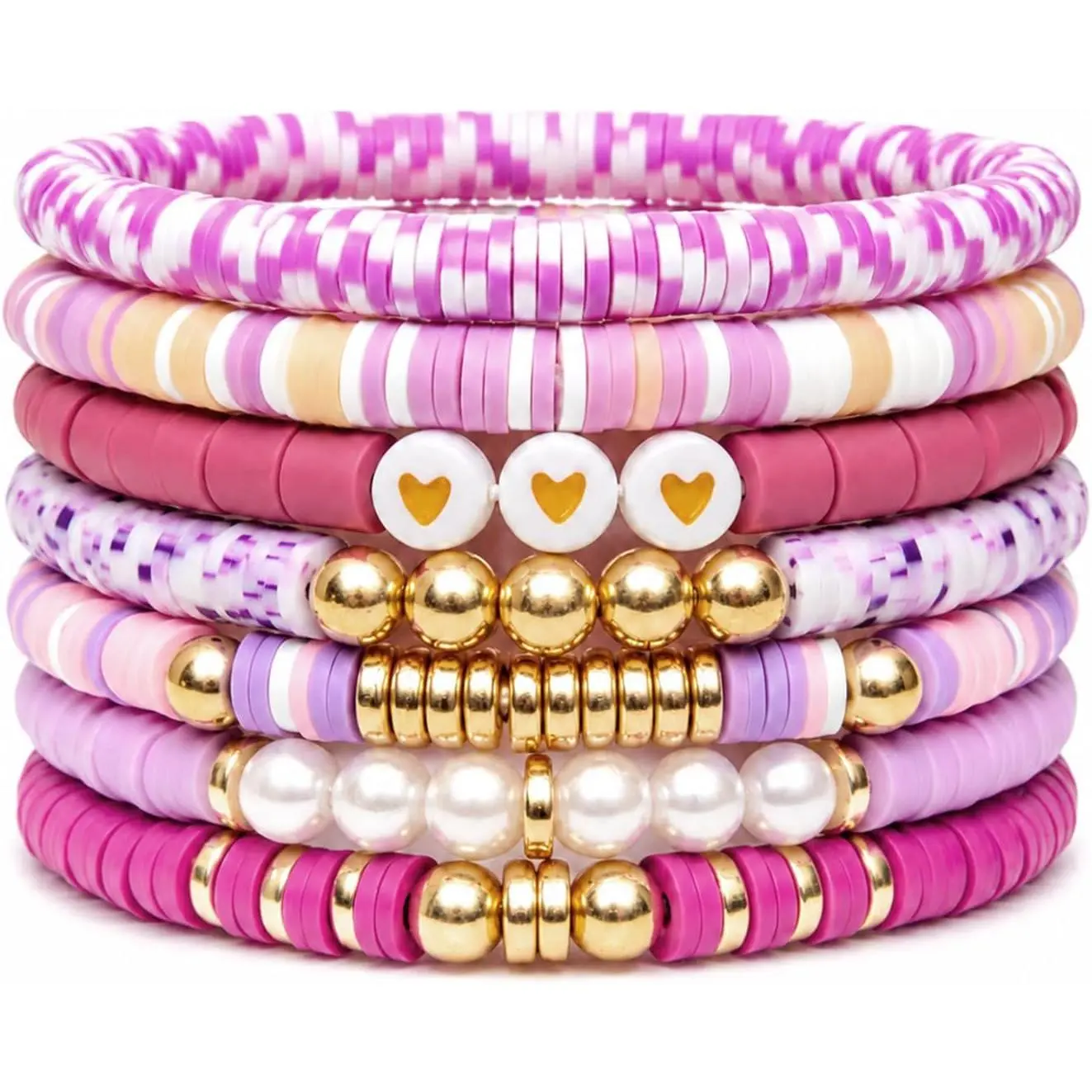 7 count Friendship Heishi Bracelet Set   Stackable Beaded Bracelets with Heart