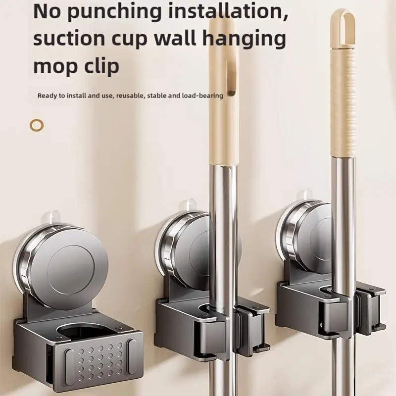 Heavy-Duty ABS Adjustable Suction Cup Mop Holder Hooks - No-Drill Wall-Mounted Organizer for Broom, Mop Storage in Bathroom, Kitchen Home Supplies