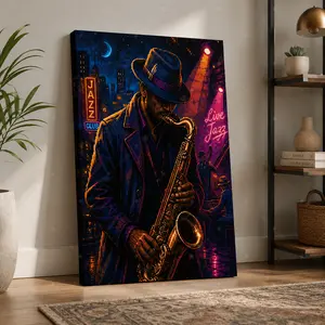 Neon Jazz Saxophone Canvas Wall Art, Musician Night City Poster Print, Cool Jazz Club Aesthetic Bedroom Decor, Living Room Office Music Room Wall Decor, Unframed Canvas Poster or Framed Canvas Wrap
