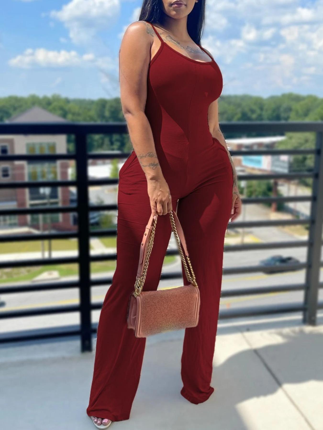 Women's Fashion Sleeveless Knit Bodycon Jumpsuit, Solid Color with Pocket Design, Tight-Fitting Casual One-Piece for Summer Women's Fashion Sleeveless Knit Bodycon Jumpsuit, Solid Color with Pocket Design, Tight-Fitting Casual One-Piece for Summer