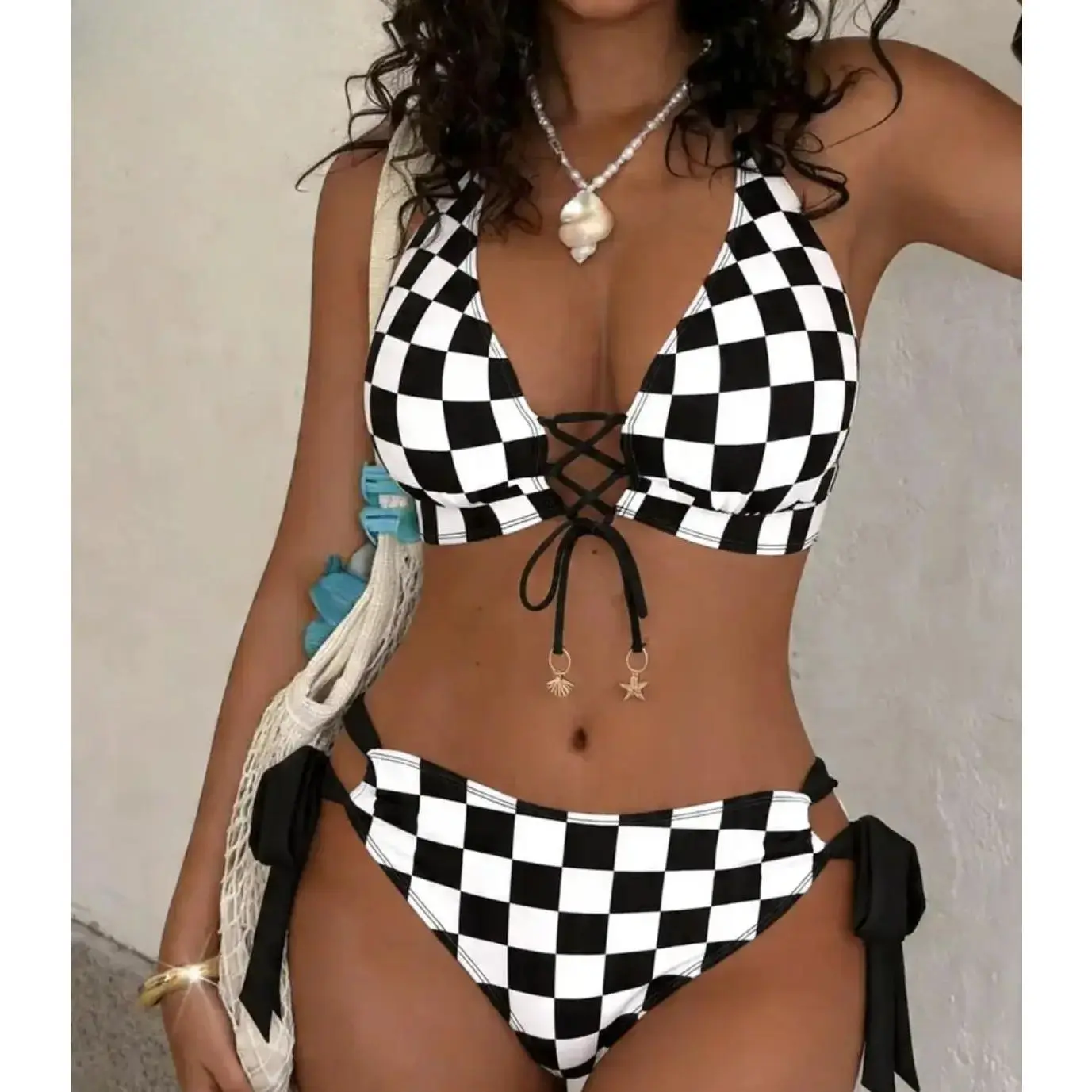 Plaid Print Women Two Piece Swimwear Adjustable Front Tie Structure Soft Comfortable Beach Outfit Simple Practical Bathing Suit for Seaside Vacation Pool Party And Daily Water Activity Wear