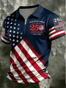 Patriotic American Flag Polo Shirt for Men, Mount Rushmore Multiple colors 250th Anniversary 1776-2026, Classic Zipper Style, Sporty Fitted Design, Ideal for 4th of July Gifts Zippered Polo Fitted Polo Shirts