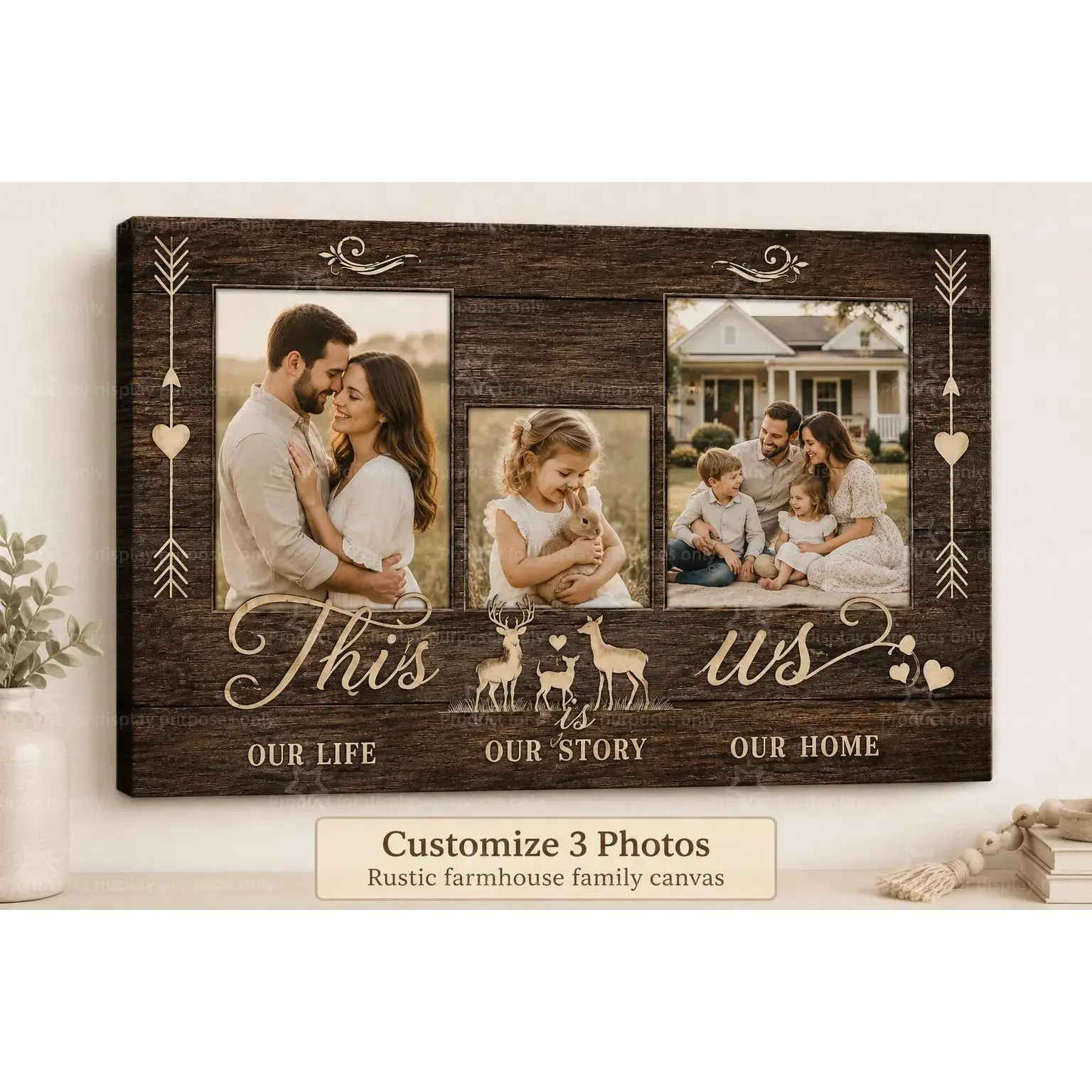 Custom 3 Photo Family Canvas Wall Art, Rustic Farmhouse Family Collage Poster Print, Living Room Bedroom Home Decor, Personalized Memory Wall Decor, Unframed Canvas Poster or Framed Canvas Wrap