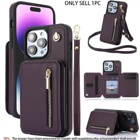 Multifunctional PU Leather Crossbody Zipper Wallet Smartphone Phone Case with Lanyard, 1 Count Shockproof Phone Protective Case for iPhone 11 12 13 14 15 16 17 18 Pro Max/Pro/Plus, Cover