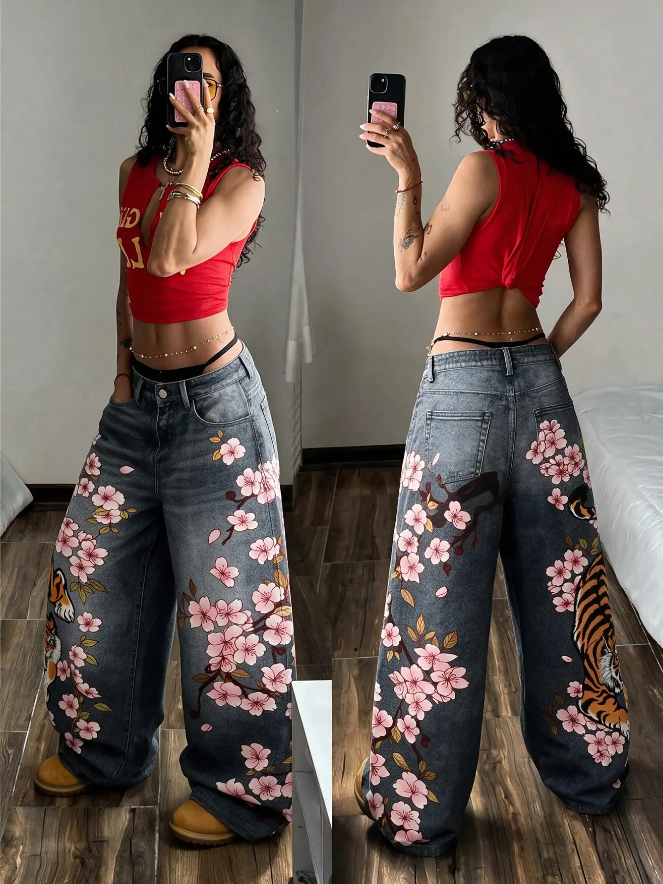 Women's Vintage Washed Blue Tiger Floral Print High Waist Slim Straight Leg Pants, Y2K Street Hip Hop Fashion, All Seasons, Halloween Gift