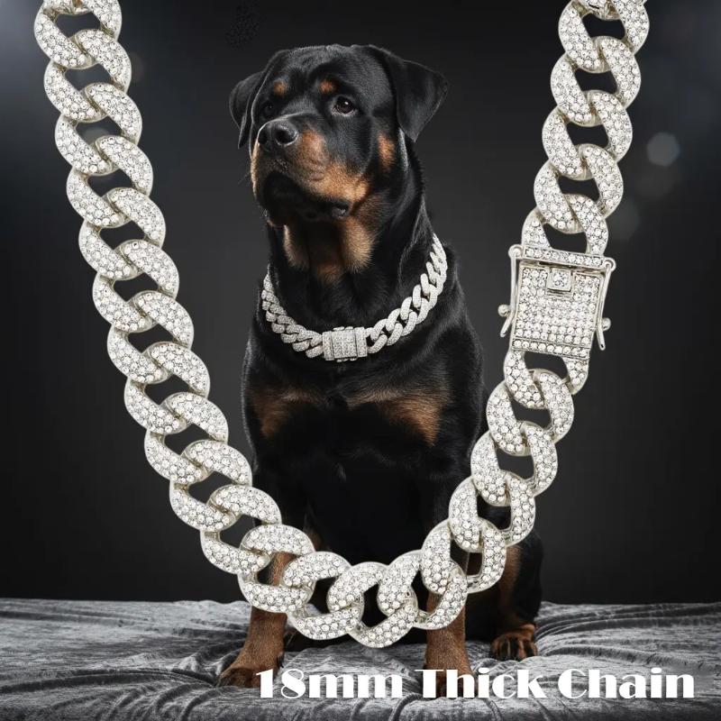Big Dog Pet Collar Thick Heavy 18mm 18" 20" 24" Iced Cubic Zirconia Gold / Silver Plated Cuban Chain Necklace High Quality Polished.