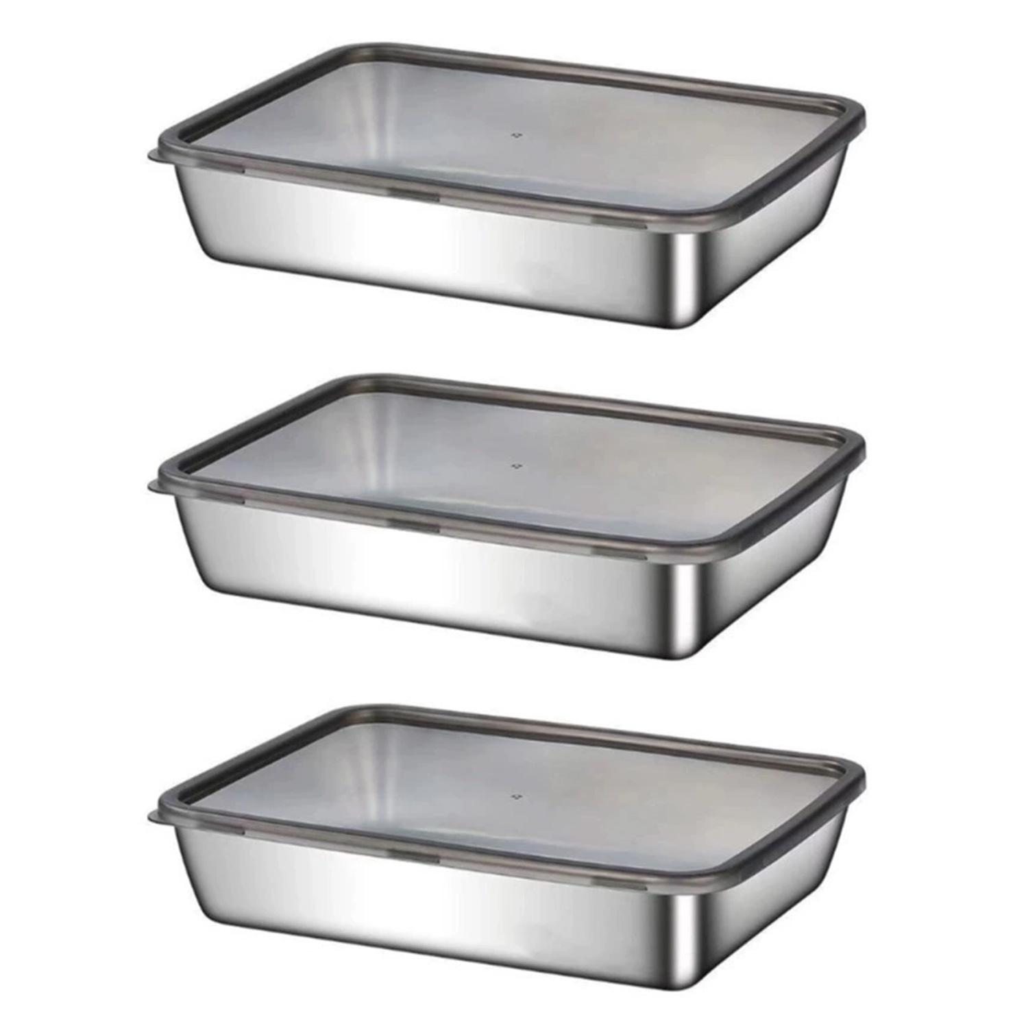 Stainless Steel Food Storage Box, 2/3 Counts High Capacity Container, Durable Food Storage Tray Container with Lid, Kitchen Storage Organizer for Meat, Vegetable, Fruit, Preserving Containers