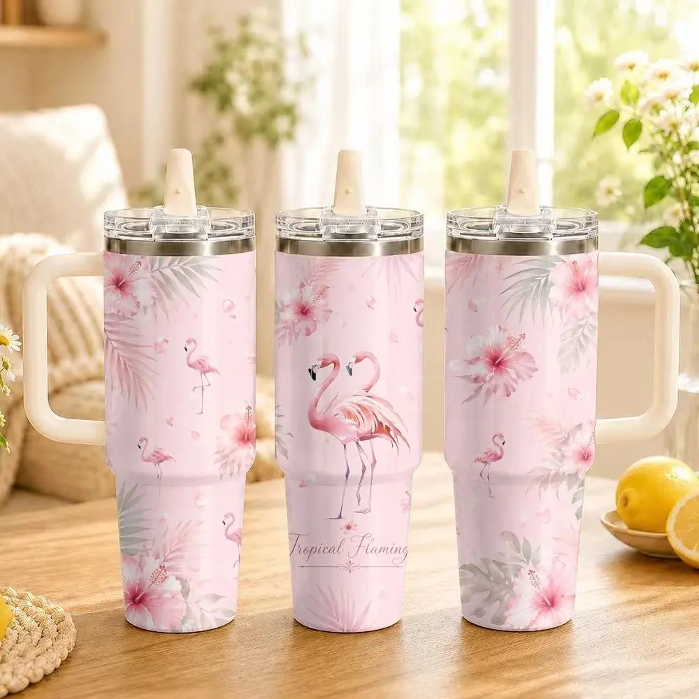 Romantic Pastel Flamingo Tropical 40oz Stainless Steel Insulated Tumbler, Pink Floral Paradise Travel Mug With Handle And Straw, Portable Thermal Water Bottle Cup For Car Office Gym Commute Summer Gift