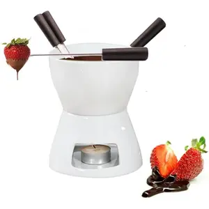 Fondue Pot Set with 4 Forks Ceramic Butter Warmer Set Premium Tea Light Porcelain Melting Pot for Chocolate Cheese Caramel