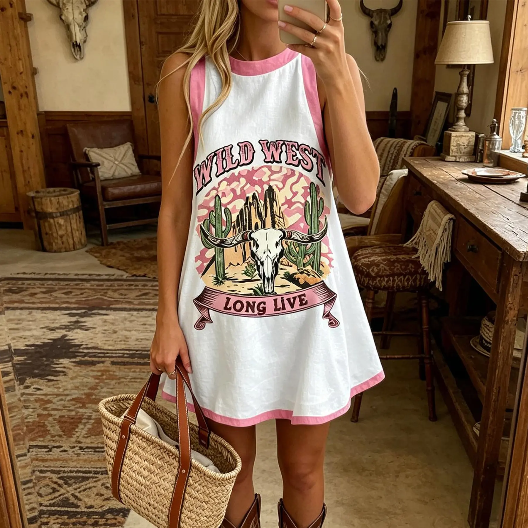 Women's Wild West Printed Sleeveless Loose A-Line Mini Casual Dress - Cow Horns Cactus Retro Print, Skin-Friendly Bohemian Outfit, Round Neck, Mini Length, Desert Scene, Strapless, Boho Casual, Polyester, Minidress, Western Art Print Casual Dresses