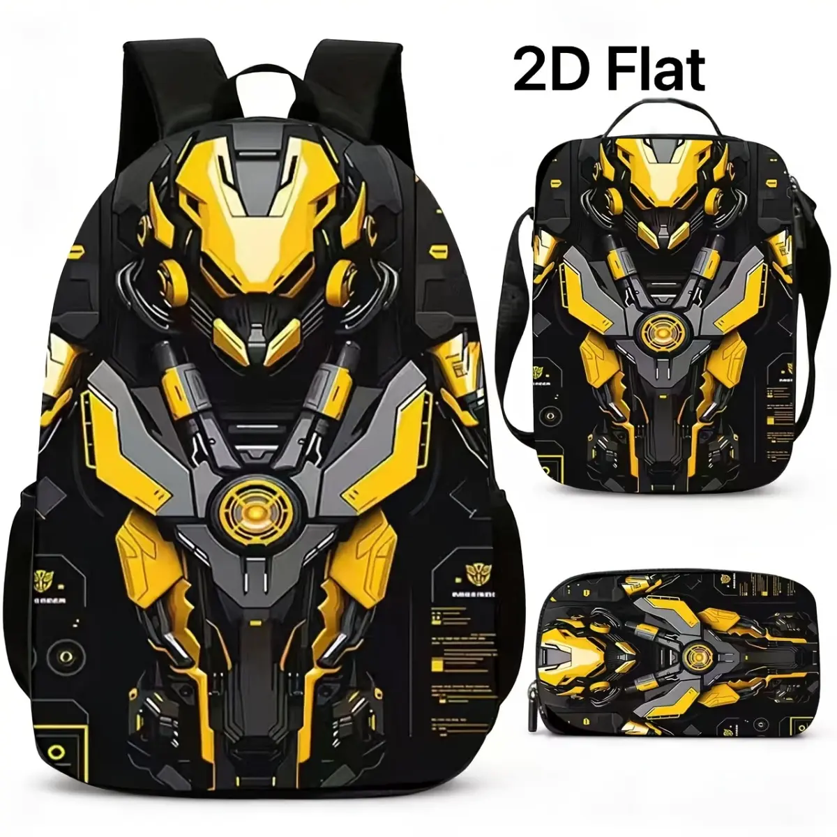 Casual 3-Piece Backpack Set for Boys, Tech-Style School Bag with Bumblebee Mecha Print, Waterproof Design and Zip Closure, Casual Wear, Cow Hide Leather, Waterproof Shockproof