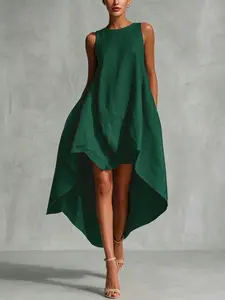 Solid Color Round Neck Zipper A-Line Long Dress, Front Short Back Long Design, Elegant and Comfortable Evening Wear, Formal Wear, Perfect for Special Occasions