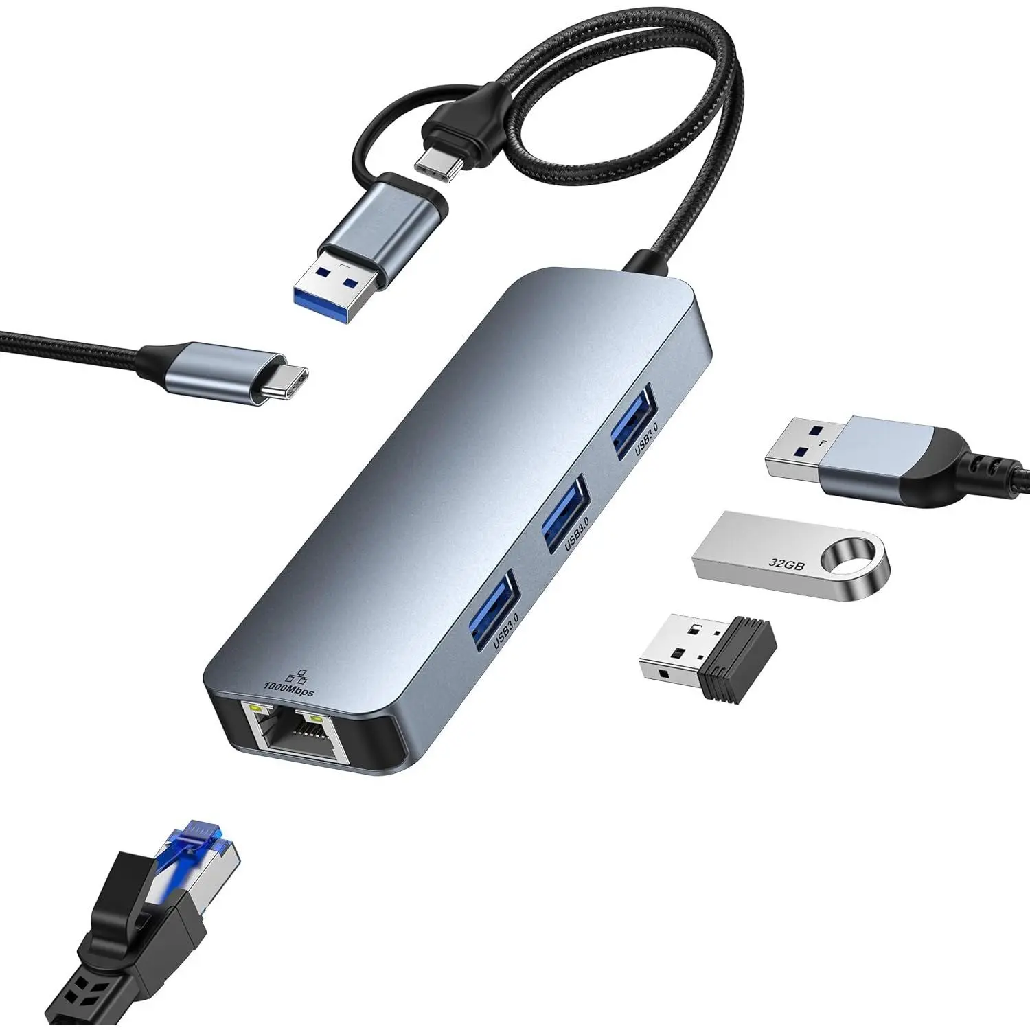 USB-C to Gigabit Ethernet Adapter with 3-Port USB 3.0 Hub, RJ45 Network Adapter Compatible with MacBook Pro/Air, iPad Pro, iMac, Galaxy S23, XPS 17, Surface Book 3