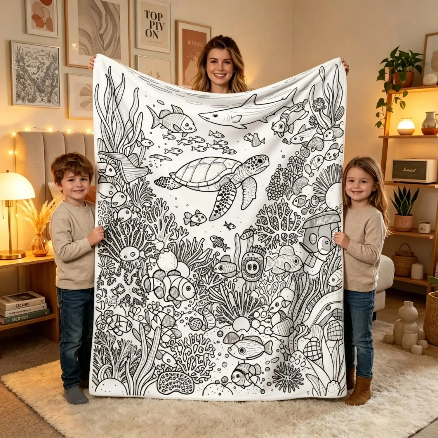 Adult DIY Colorable Ocean Underwater Life Line Art Ultra-Soft Flannel Throw Blanket, Fade-Resistant Minimalist Boho Coastal Room Decor, Ideal Birthday & Holiday Gift, Coastal Rooms