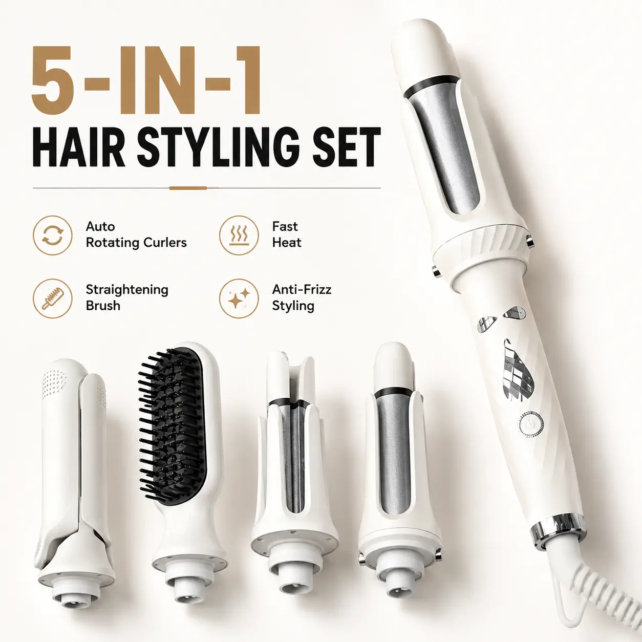 5-in-1 Automatic Rotating Hair Styling Set with 25mm & 32mm Curling Wands, Straightening Brush and Heated Styler, Fast-Heating Anti-Frizz Multi-Tool for Curls, Waves, Straightening, Volume and Salon-Style Hair at Home