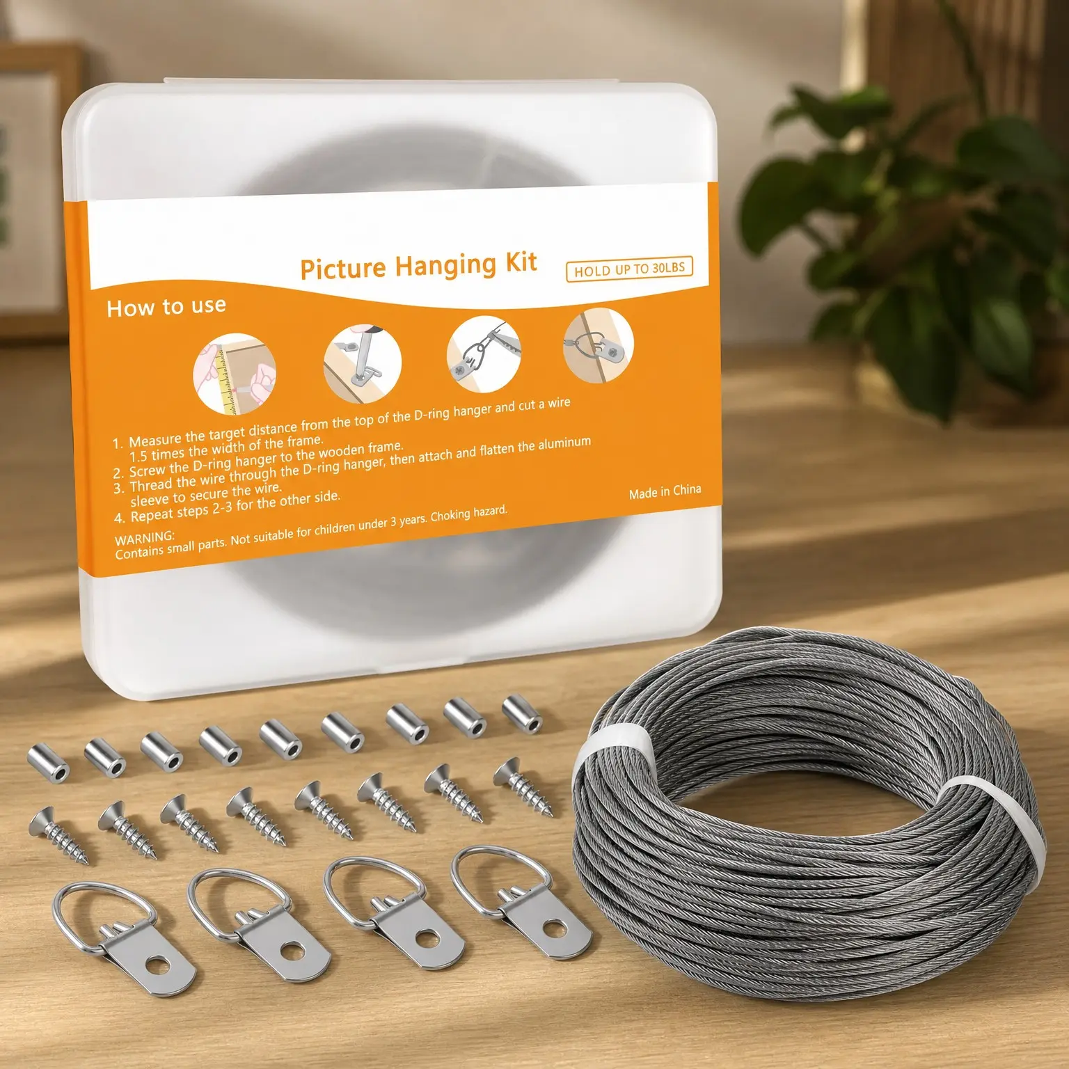181 Pcs Picture Hanging Kit for Canvas Paintings & Photo Frames with 100 FT Metal Braided Hanging Wire, 60 D-Ring Picture Hangers, 60 Screws and 60 Crimp SleevesGift