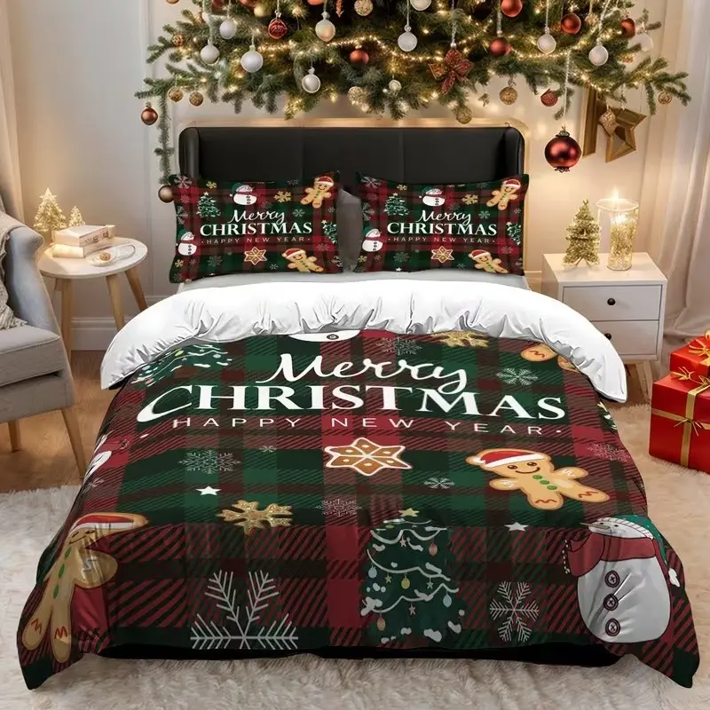 Christmas Grid Gingerbread Man Print Duvet Cover Set, 1 Duvet + 2 Pillowcases, High-Definition Printing, Home & Dorm Bedding