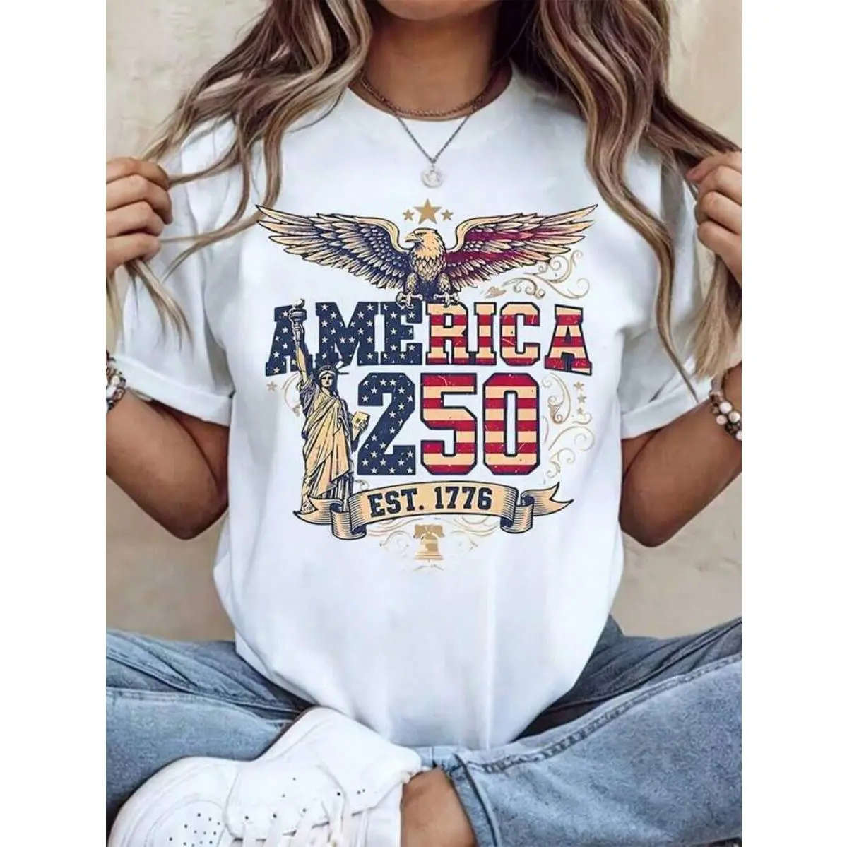 Women Round Neck T Shirt America 250 Independence Day Eagle And Statue Of Liberty Print Short Sleeve Casual Top For Fourth Of July Celebration