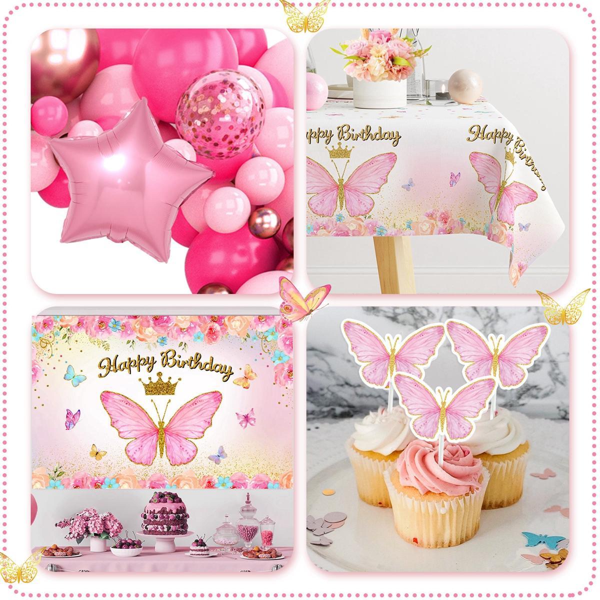 Butterfly Pink/Purple Balloon Tablecloth Backdrop Set,94pcs Pink Butterfly Latex Balloon Girls Birthday Party Decoration,Happy Birthday  Balloon Arch Kit