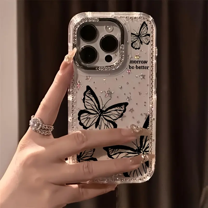 Aesthetic Black Butterfly Clear Soft TPU Shockproof Protective Case for iPhone 11 12 13 14 15 16 17 Air Pro Max, Sparkly Rhinestone Glitter Star Border Anti-drop Phone Cover Trendy Gift For Women Girls