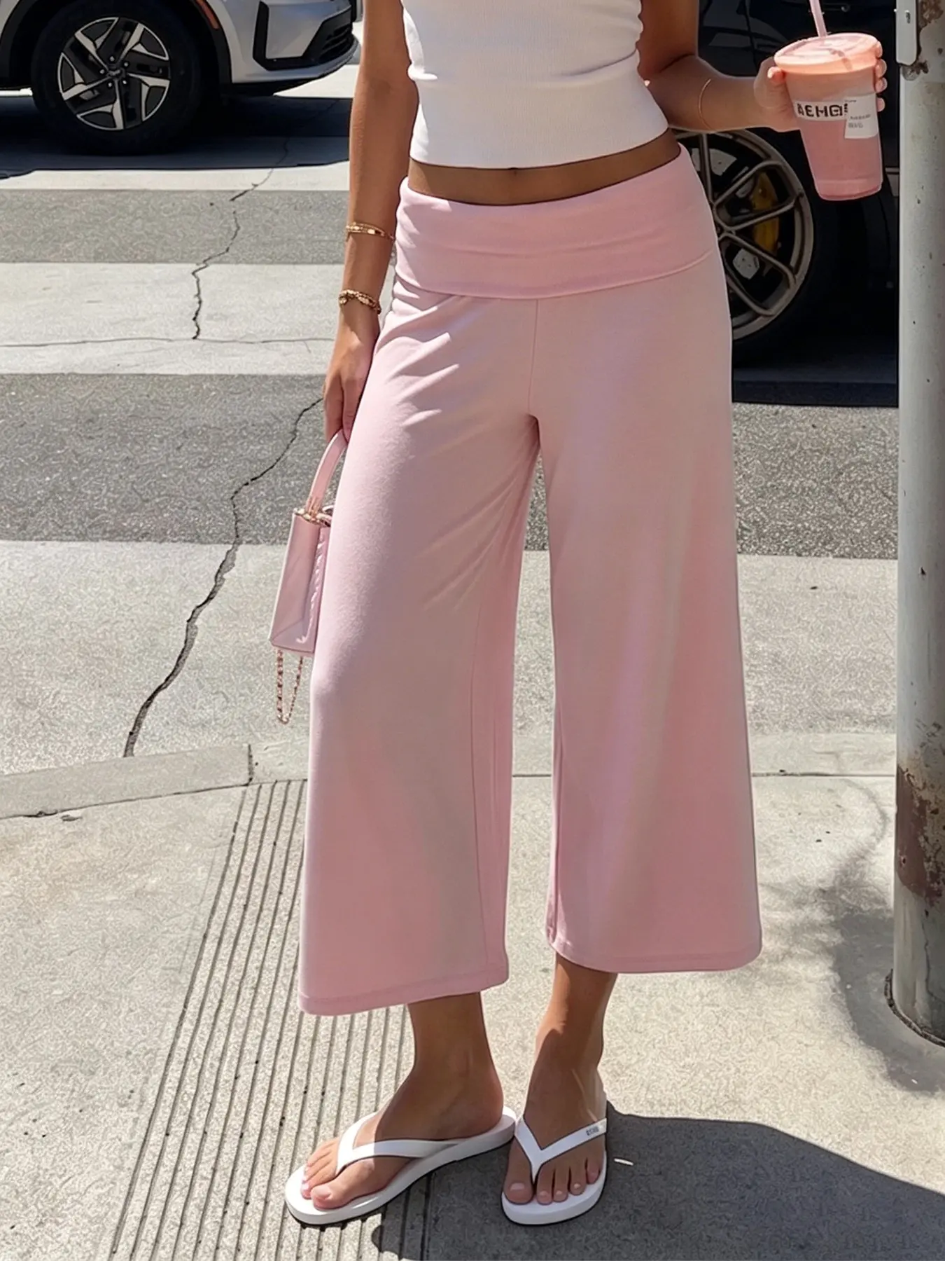 Women's Mid Low Waist Elastic Turn-Up Leggings, Casual Loose Fit Capri Pants, Bottoms, Comfortable Spring Summer Yoga Wear, Available in 6 Colors