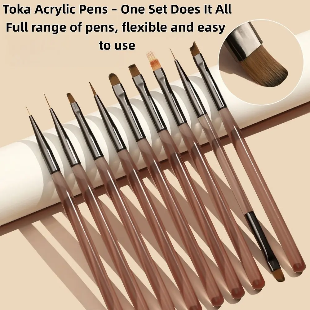 9-Piece Manicure Brush Set, Japanese Style Nail Brushes, Semi-Transparent Handle, UV Light Pen, Line Puller, Essential Manicure Tools
