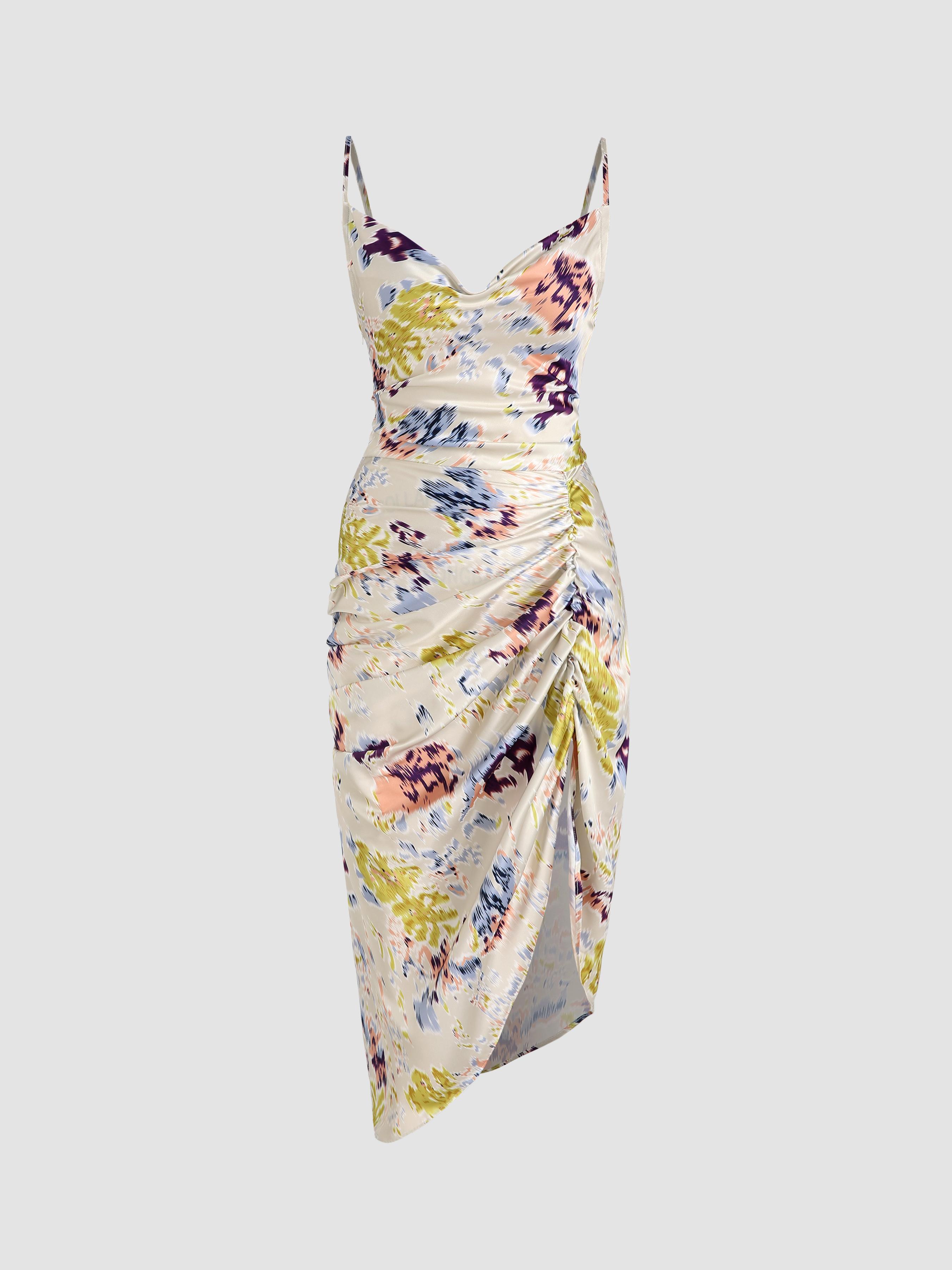 Cider Illusion Floral Ruched Cowl Neck Midi Dress SpringStatements