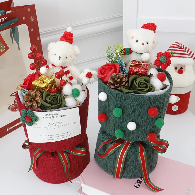 Viral Xmas Vibe! Finished creative bouquet with cute Christmas bear & Santa plush dolls. Sweet festive gift for your girlfriend, bestie. Perfect Christmas surprise for holiday gifting & cozy seasonal celebrations.