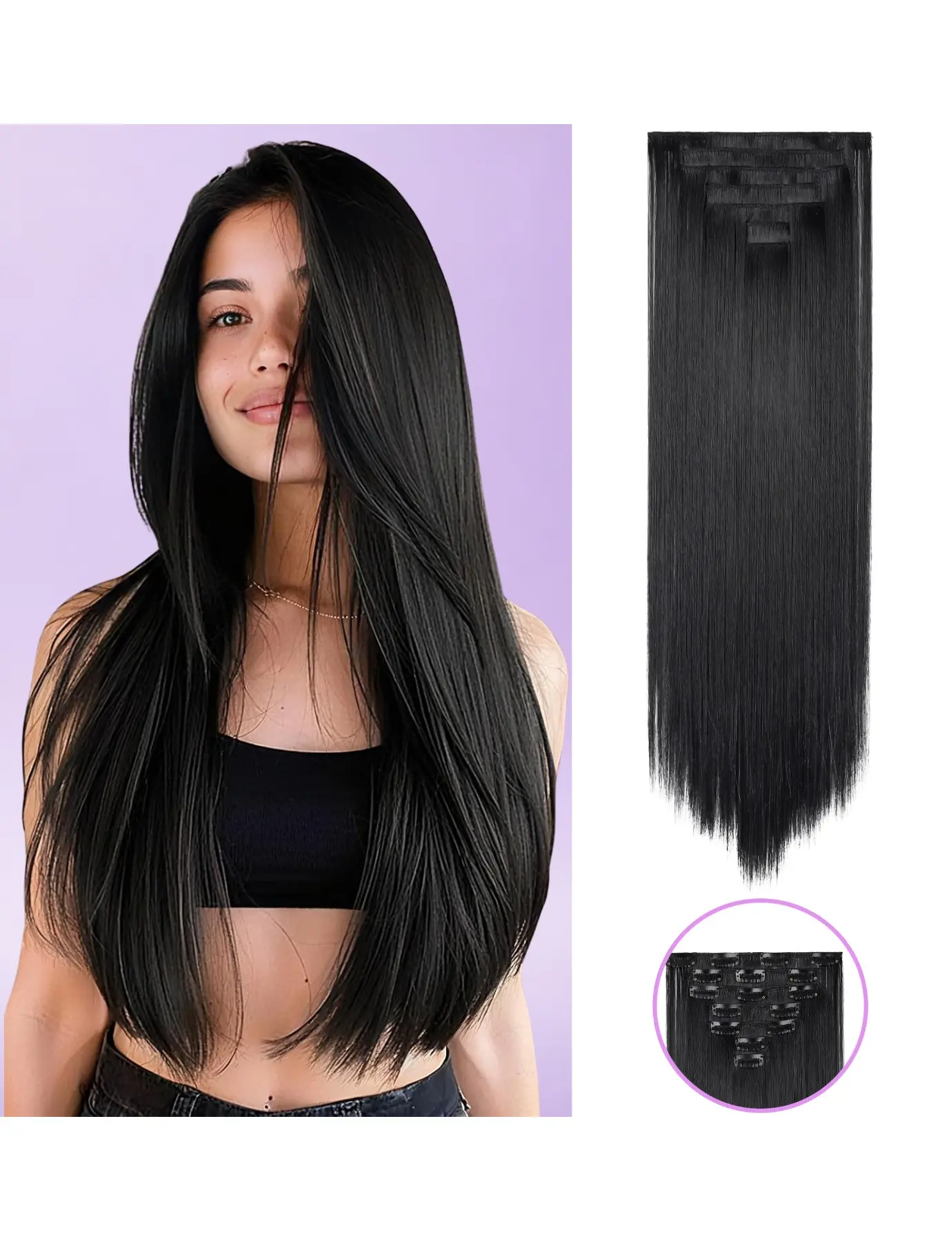 Women 24 Inches Straight Full Head 7 Separate Pieces Heat Resistance Soft Synthetic Hair Clip in Hair Extensions