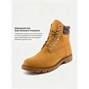 Classic Yellow Waterproof Leather Ankle Boots, Men's Premium Nubuck Lace Up Work Boot Non Slip Lug Sole Outdoor Hiking Casual Footwear