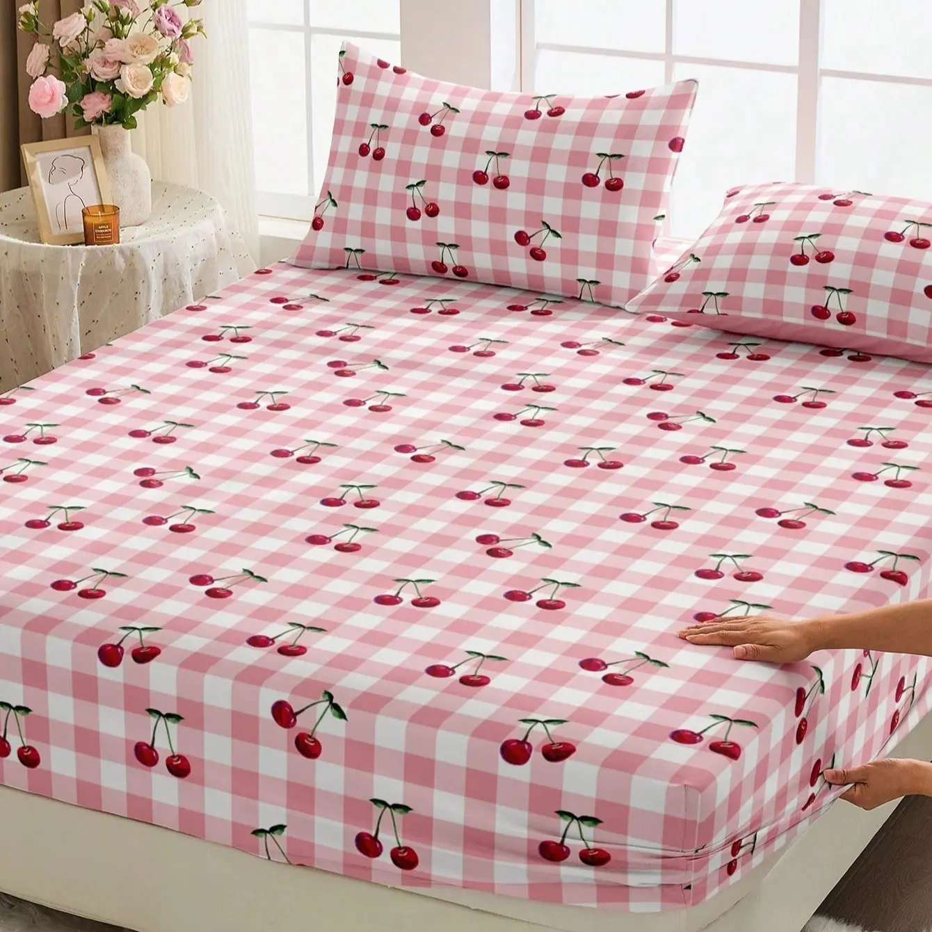 3pc Red Small Cherry Print Bedding Set, Bed linens, with 25cm deep pockets, including 1 bedspread and 2 pillowcases (without filling material), available in multiple sizes, suitable for bedrooms, guest rooms, hotels