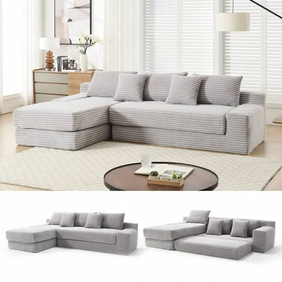 Luxury L-Shaped Sectional Couch With Memory Foam & Industrial Steel Frame, No Assembly Convertible Sofa Bed Small Spaces, Cloud-Like Ergonomic Support, Corduroy Scratch & Stain Resistant, Modular Corner Couch Apartments, Dorm, Home Theater, Living Room &