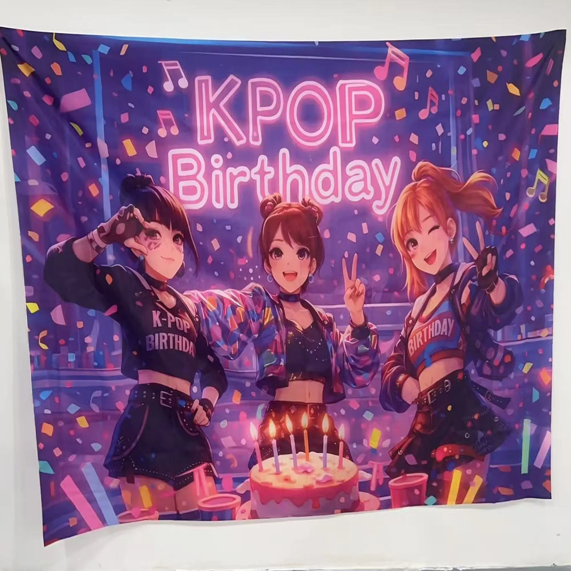 2D Flat 1PC K-pop girl group birthday theme banner, Happy Birthday, Photo Backdrops, Photoshoot Backdrop, suitable for Korean fans birthday party wall decoration, neon confetti theme, polyester material multiple sizes, Party Background Decoration