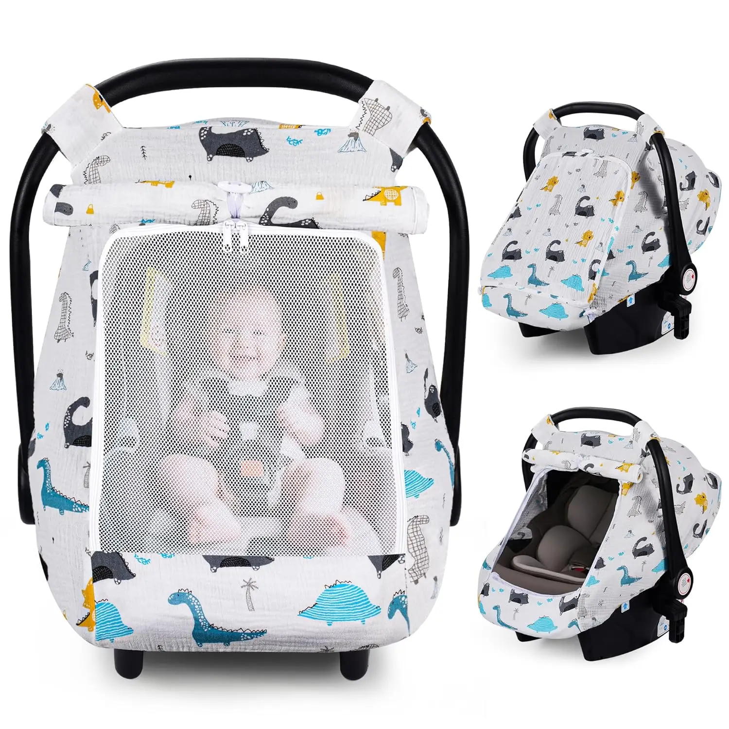 Car Seat Cover Baby, Carseat Covers Girl Boy, Breathable Muslin Cotton, Large Mesh Window, Infant Car Seat Canopy Baby Carrier Cover Stroller Sun Shade for Summer & Hot Day