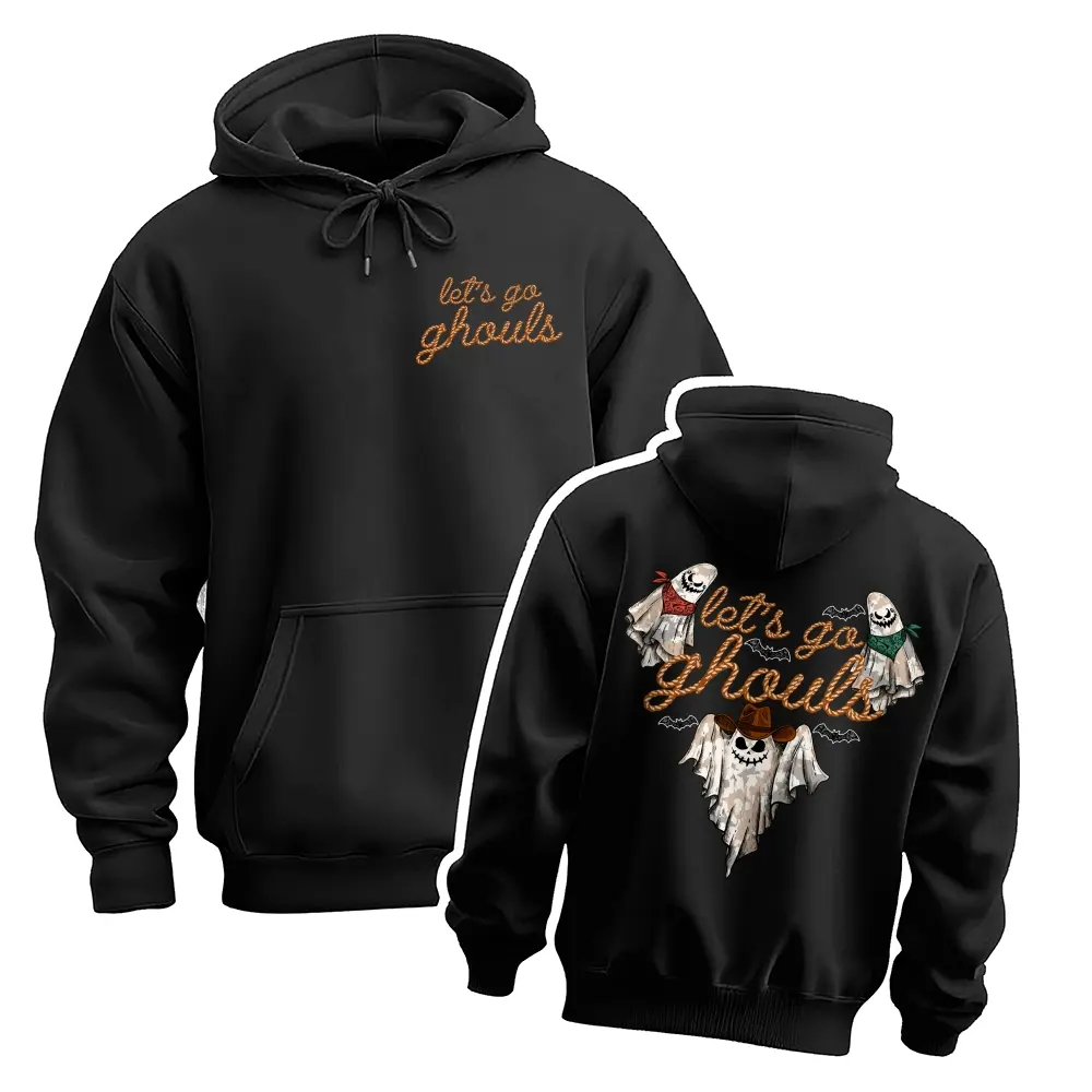 Men’s “Let’s Go Ghouls” Halloween Graphic Print Hoodie Sweatshirt, Funny Spooky Ghost Inspired Long Sleeve Pullover Hooded Top, Relaxed Fit Casual Streetwear Hoodie for Halloween Party, Daily Wear, Travel and Weekend Fashion