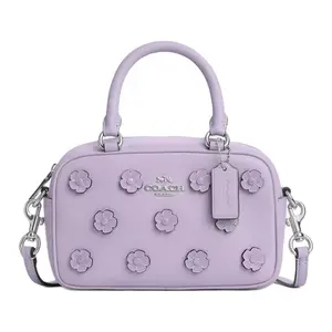Coach Satchel 18 Floral Decor Smooth Leather Shoulder Handbag for Women, Small Size, Purple