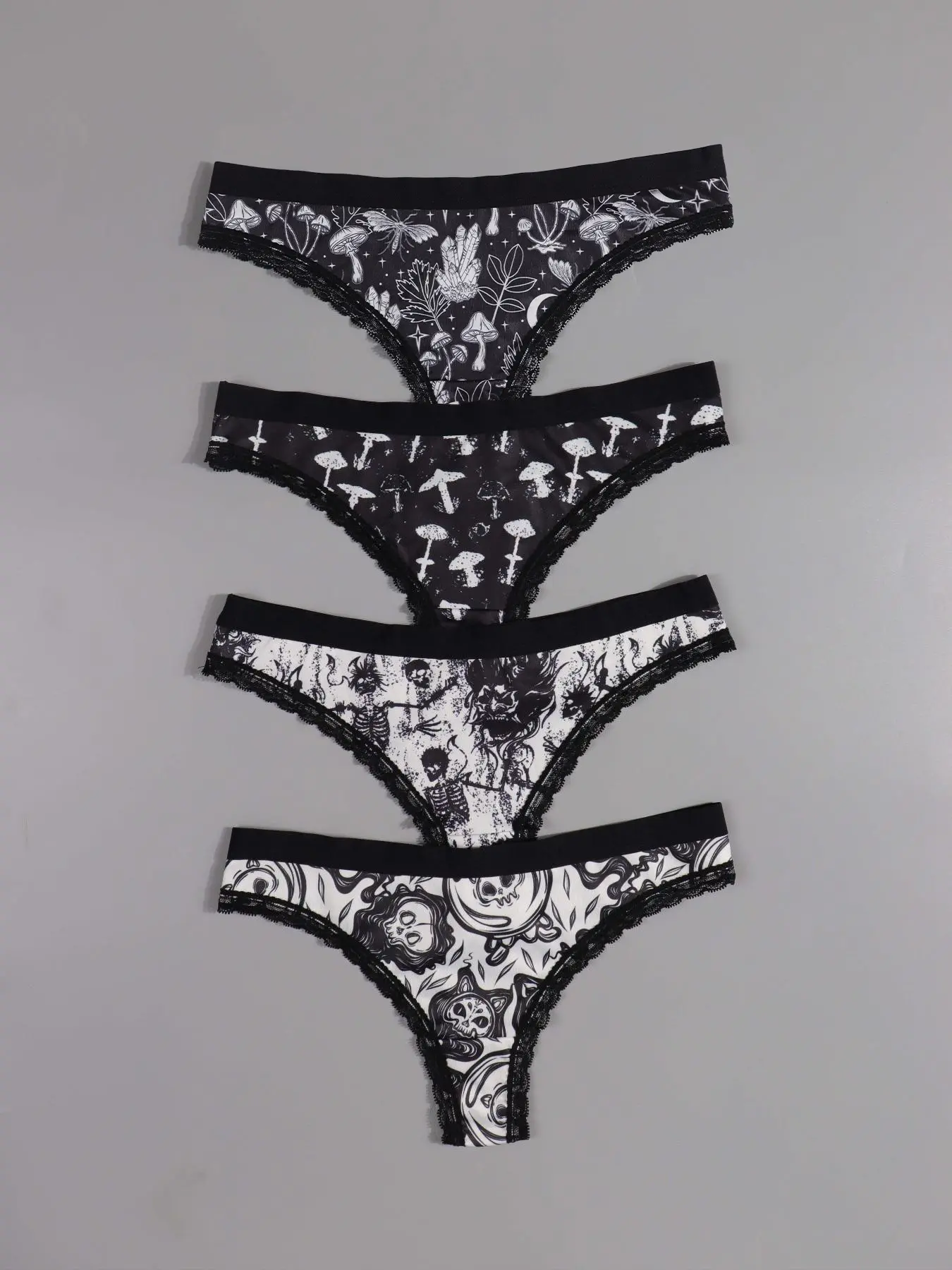 Morvia Women's Skull Print Underwear Set, Contrast Lace Trim, Comfortable Low Waist Panties, Casual Daily Wear, All Season Use, Lace Trim Panty, Casual Fitted Underwear