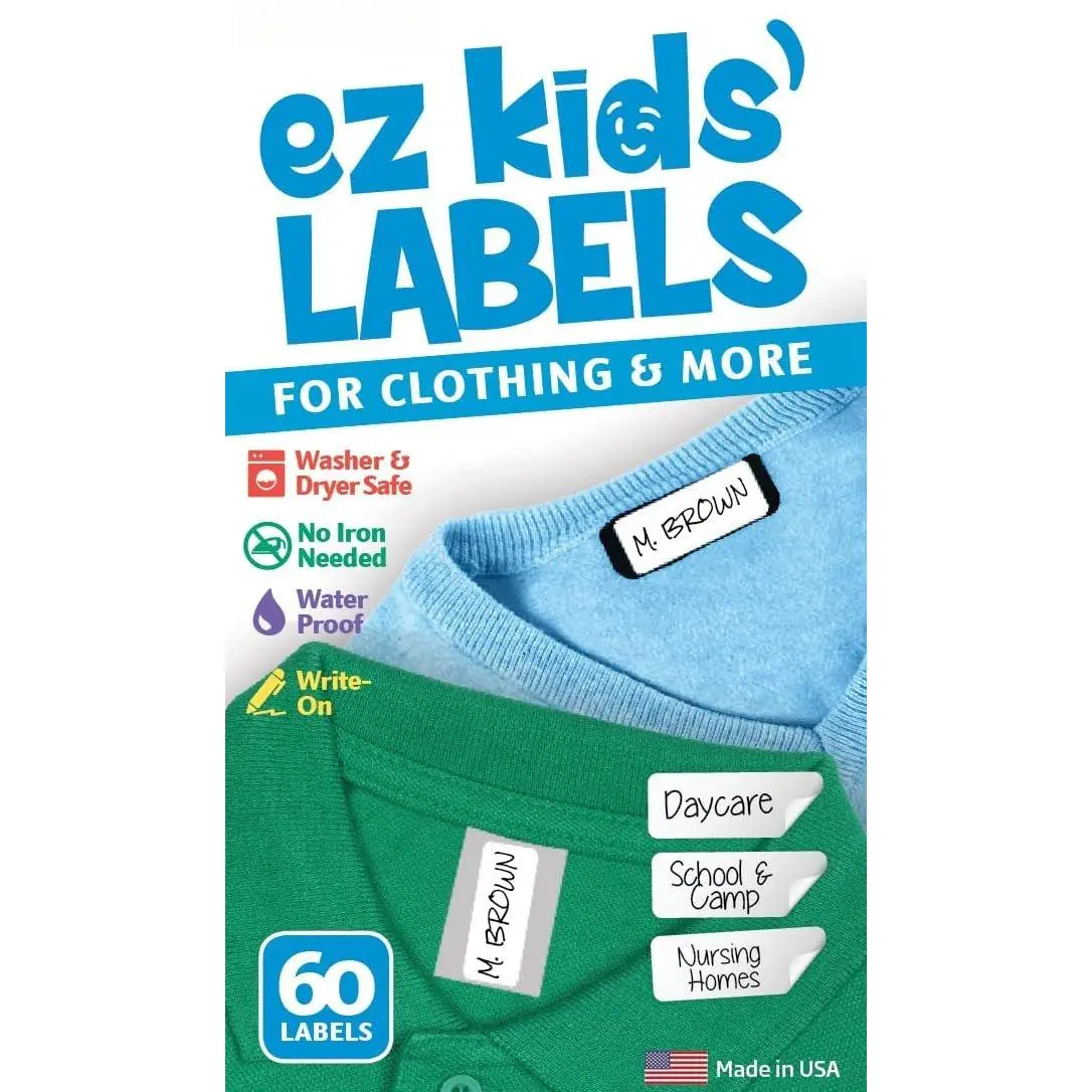 Ez  Clothing Labels Self-Stick No-Iron Write- |  for  & Adults | Washer & Dryer Safe | School, Camp,  Care, Toys, Organizing,  Purpose (60-Pack)