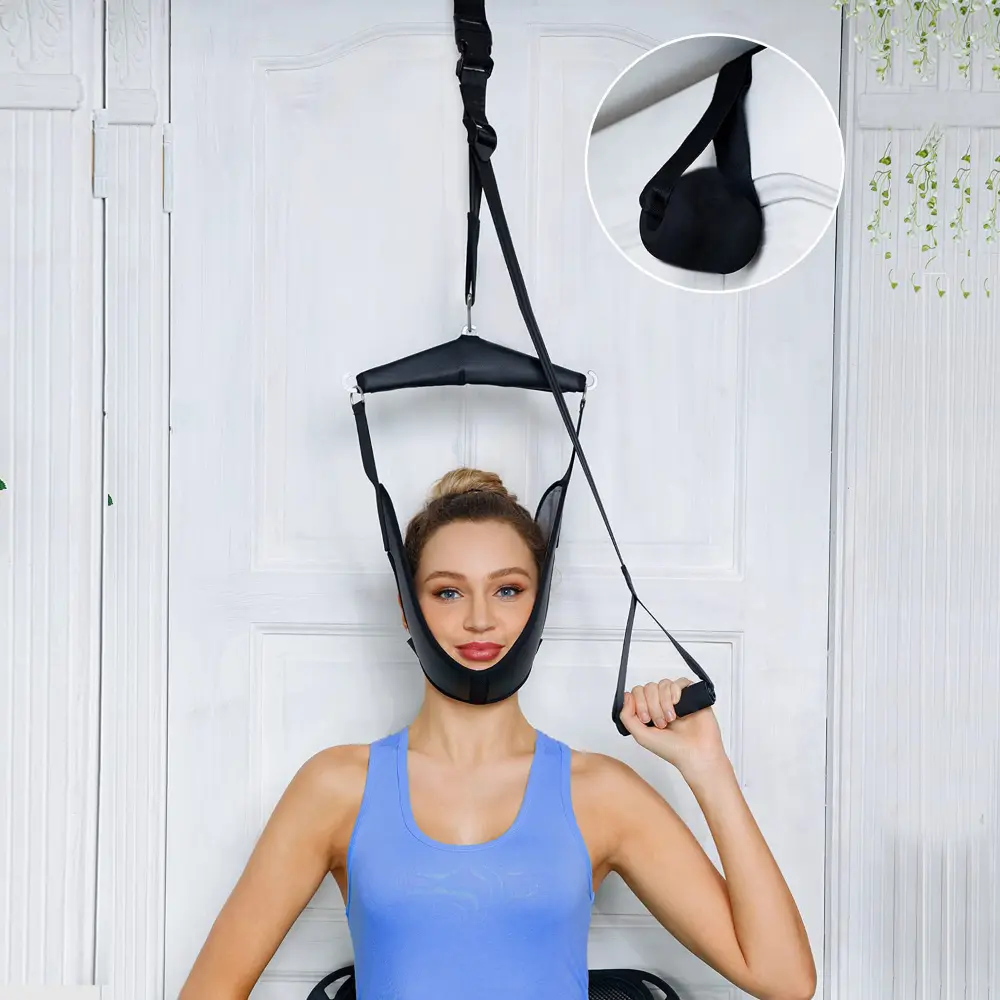 Hausful Cervical Traction Device (1pc, Black) - Iron/Nylon Chiropractic Neck/Shoulders Relaxer, Decompresses & Promotes Relaxing Muscle Relief, Handle-Grip Uncharged Massager for Most Users