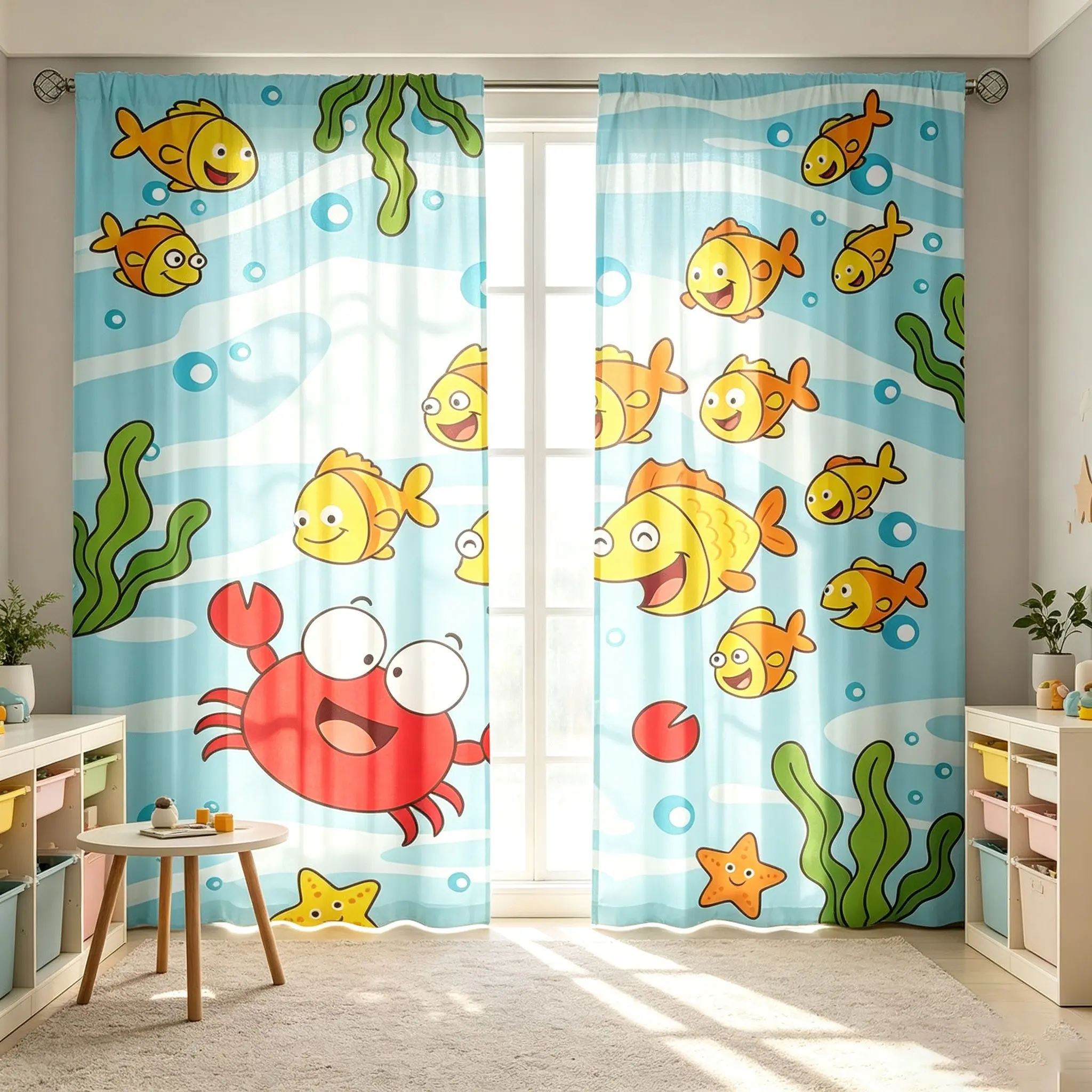 2-piece set of underwater world cartoon crab and fish semi-shading curtains, suitable for boys' and girls' children's rooms, providing a fun and decorative touch