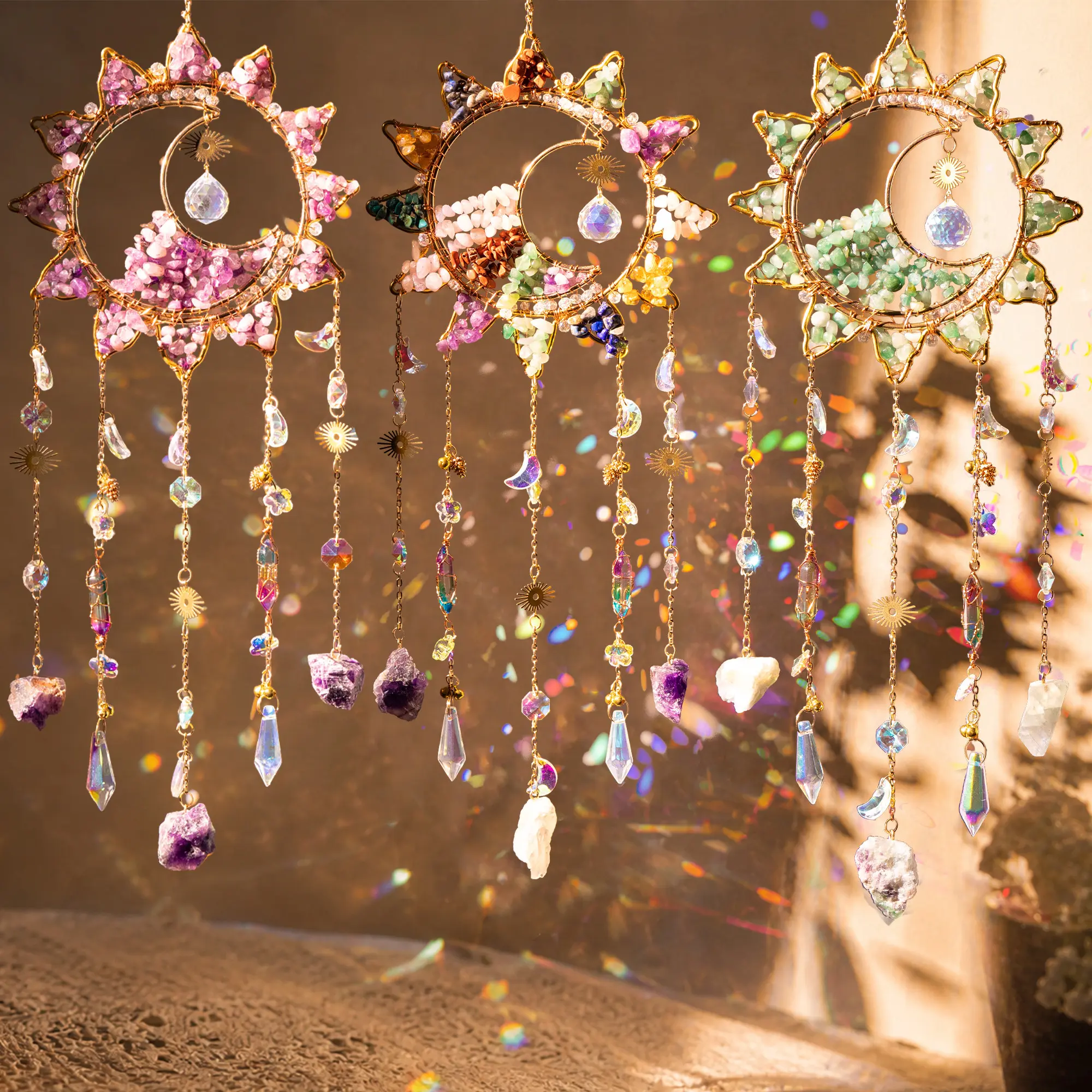 Natural Gemstone Crystal Sun Catcher, Sun and Moon Wire Wrapped Frame with Sparkling Glass Prism, Rainbow Maker Window Hanging Pendant Ornament for Home Garden Balcony Decoration