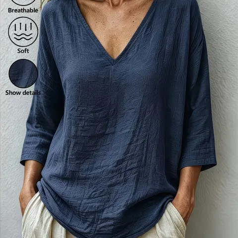 Plus Size Solid Color V-Neck Blouse Shirts Casual Loose Fit Breathable Top, Everyday Basic Top, Y2K Summer Daily Wear, Womenswear