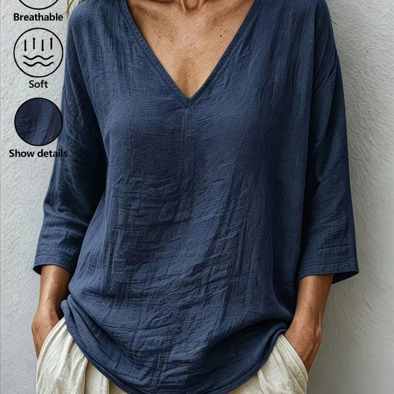 Plus Size Solid Color V-Neck Blouse Shirts Casual Loose Fit Breathable Top, Everyday Basic Top, Y2K Summer Daily Wear, Womenswear